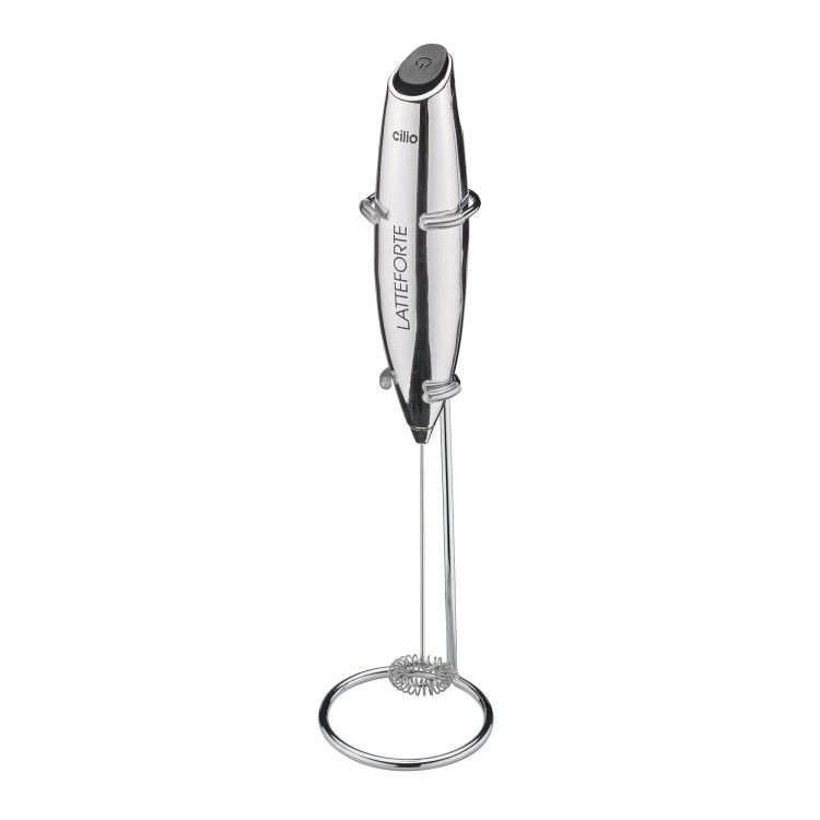 Spieniacz do mleka na stojaku, 23 cm, metaliczny błyszczący