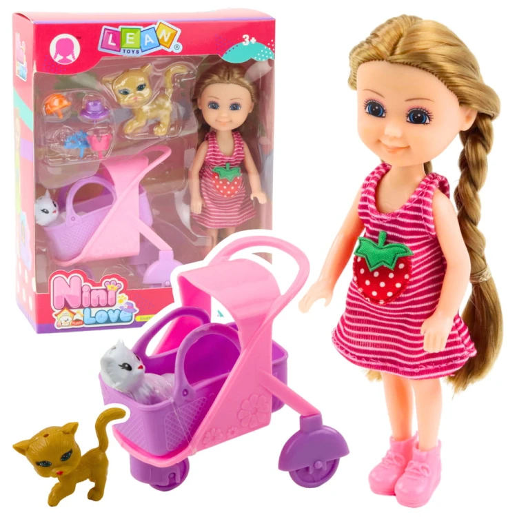 Mini Lalka Z Akcesoriami Wózek Kotki Zestaw Laleczka Różowa