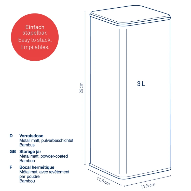 Pojemnik kuchenny, metal/bambus, 3,0 l, 11,5 x 11,5 x 28,5 cm