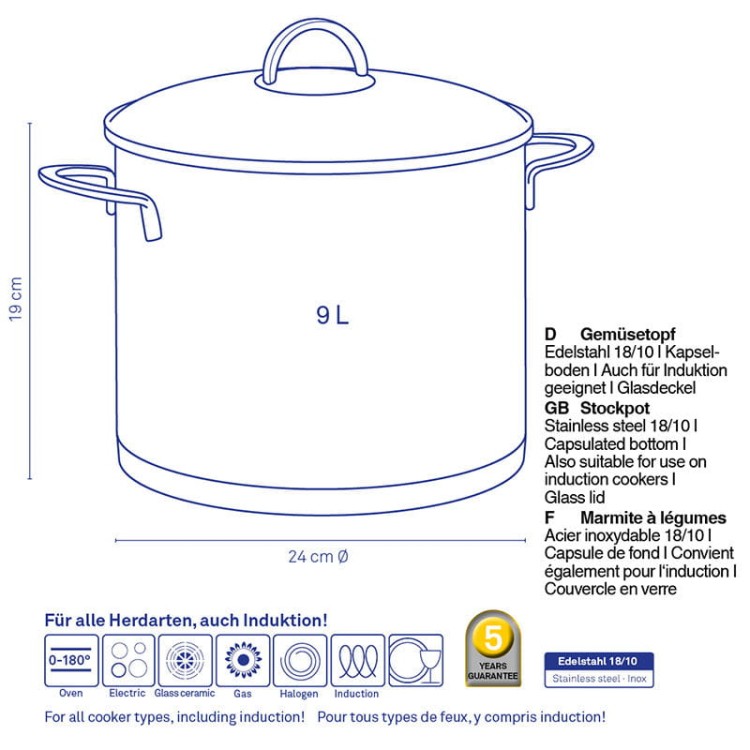 Garnek z pokrywką, 9,0 l, śred. 24 cm