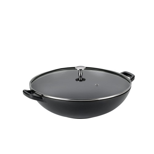 Wok ze szklaną pokrywą, żeliwo emaliowane, śred.36 cm, 4 l, wys. 10 cm, czarny