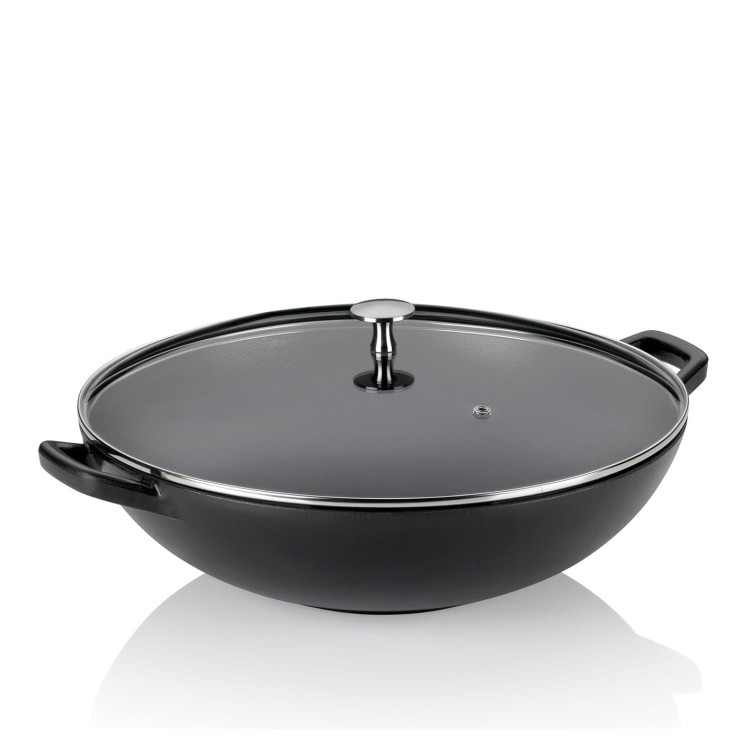 Wok ze szklaną pokrywą, żeliwo emaliowane, śred.36 cm, 4 l, wys. 10 cm, czarny