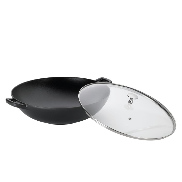 Wok ze szklaną pokrywą, żeliwo emaliowane, śred.36 cm, 4 l, wys. 10 cm, czarny