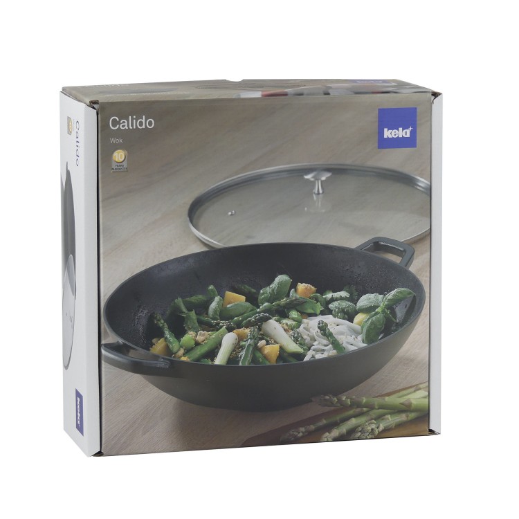 Wok ze szklaną pokrywą, żeliwo emaliowane, śred.36 cm, 4 l, wys. 10 cm, czarny