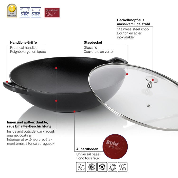 Wok ze szklaną pokrywą, żeliwo emaliowane, śred.36 cm, 4 l, wys. 10 cm, czarny