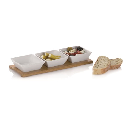 Zestaw 3 kwadratowych porcelanowych miseczek na bambusowej podkładce, 33,5x12x5 cm, białe
