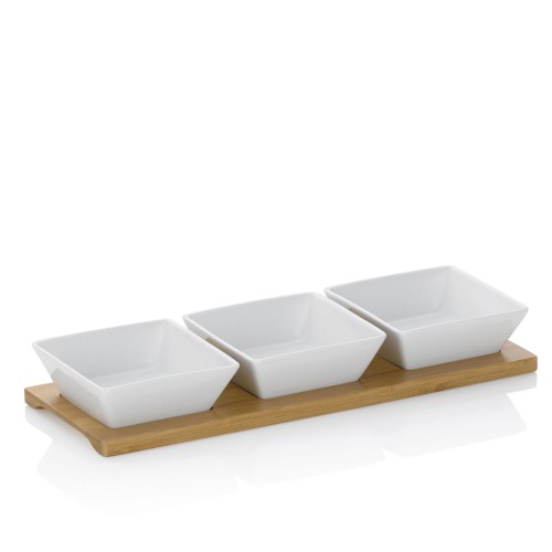 Zestaw 3 kwadratowych porcelanowych miseczek na bambusowej podkładce, 33,5x12x5 cm, białe