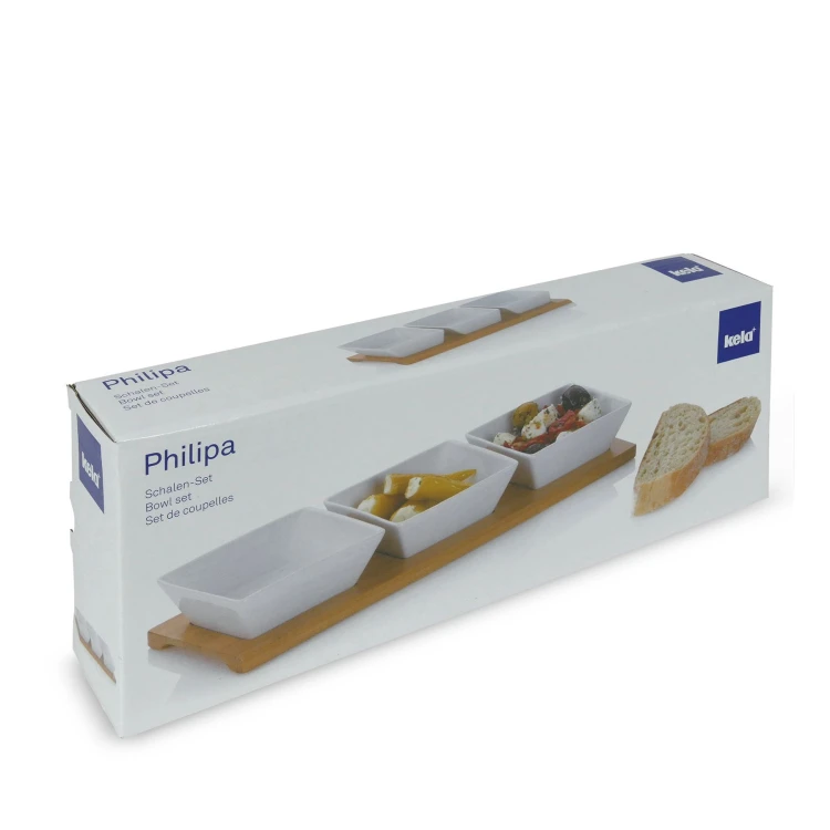 Zestaw 3 kwadratowych porcelanowych miseczek na bambusowej podkładce, 33,5x12x5 cm, białe