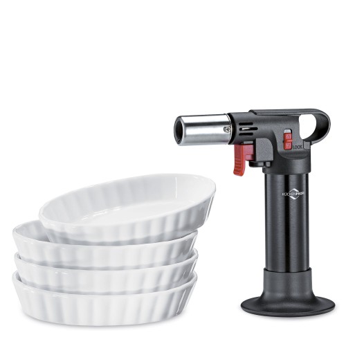 Zestaw do creme brulee, 5 el., palnik + 4 porcelanowe miseczki