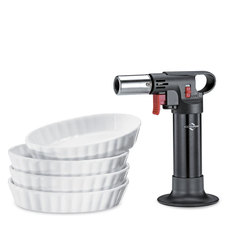 Zestaw do creme brulee, 5 el., palnik + 4 porcelanowe miseczki