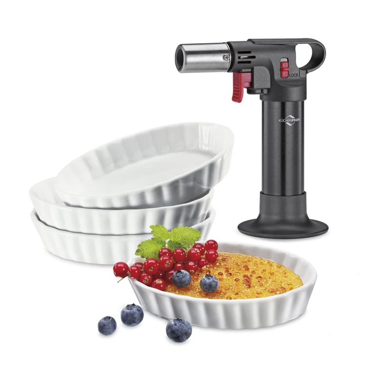 Zestaw do creme brulee, 5 el., palnik + 4 porcelanowe miseczki