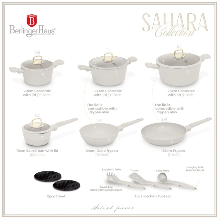 Zestaw 15 el. garnki, patelnie, akcesoria BerlingerHaus Sahara BH-8081NN