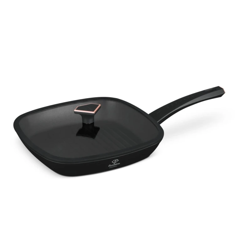 Patelnia grillowa 28cm z powłoką tytanową + pokrywką Fashion TV FTV-0034 Matte Black-Rose Gold