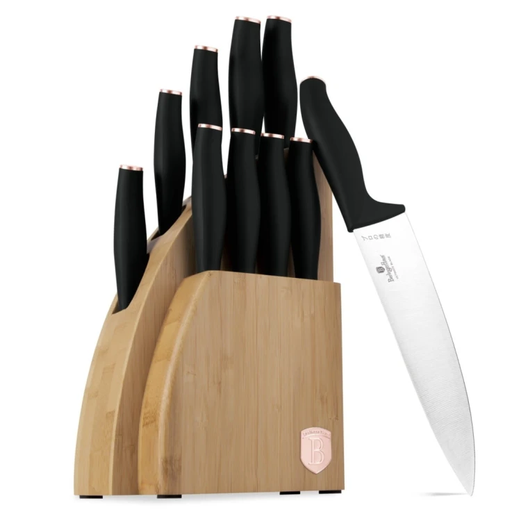 Noże kuchenne | Zestaw 9 noży w stojaku bambusowym Black Rose Collection BerlingerHaus BH-2760