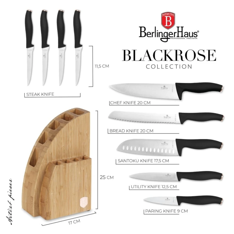 Noże kuchenne | Zestaw 9 noży w stojaku bambusowym Black Rose Collection BerlingerHaus BH-2760