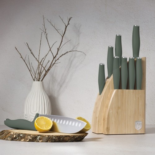 Noże kuchenne | Zestaw 9 noży w stojaku bambusowym BerlingerHaus Matte Green BH-3123