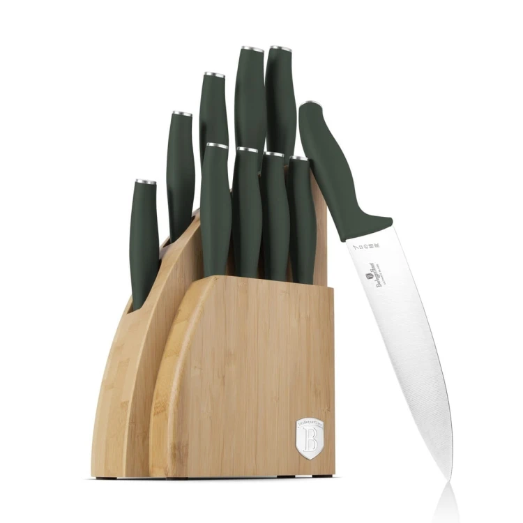 Noże kuchenne | Zestaw 9 noży w stojaku bambusowym BerlingerHaus Matte Green BH-3123