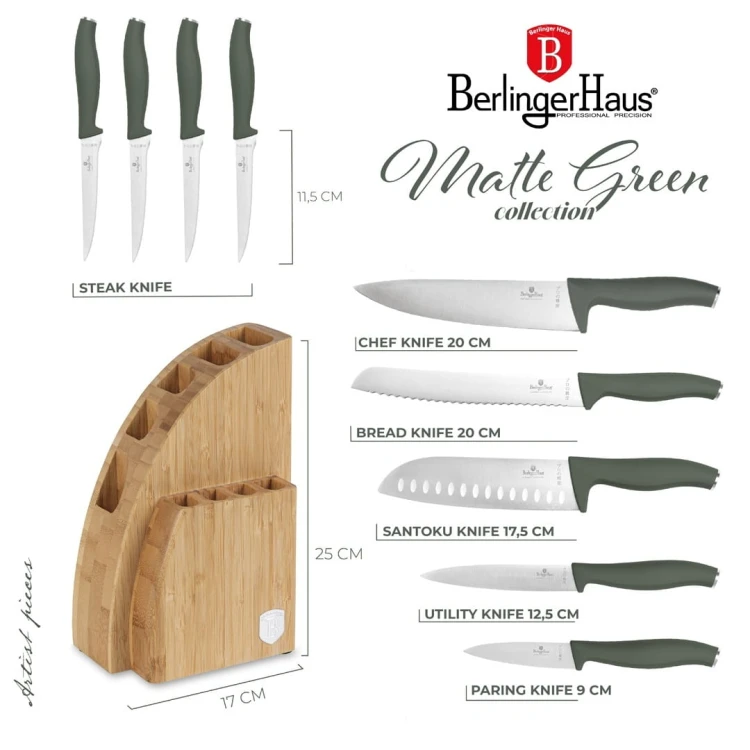 Noże kuchenne | Zestaw 9 noży w stojaku bambusowym BerlingerHaus Matte Green BH-3123