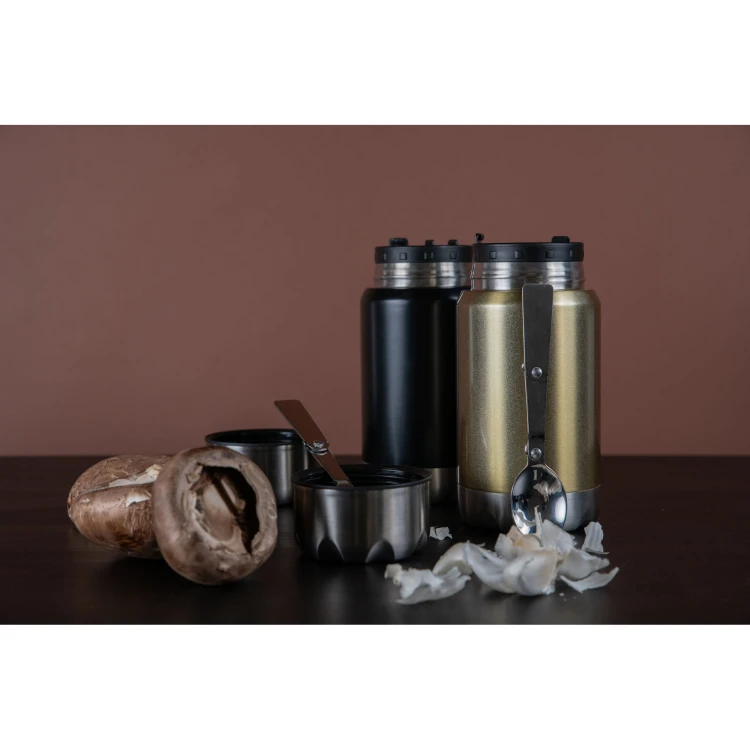 Termos obiadowy ze składaną łyżką Mark, stal nierdzewna/miedź, 0,6 l, śred. 9 x 20 cm, czarny