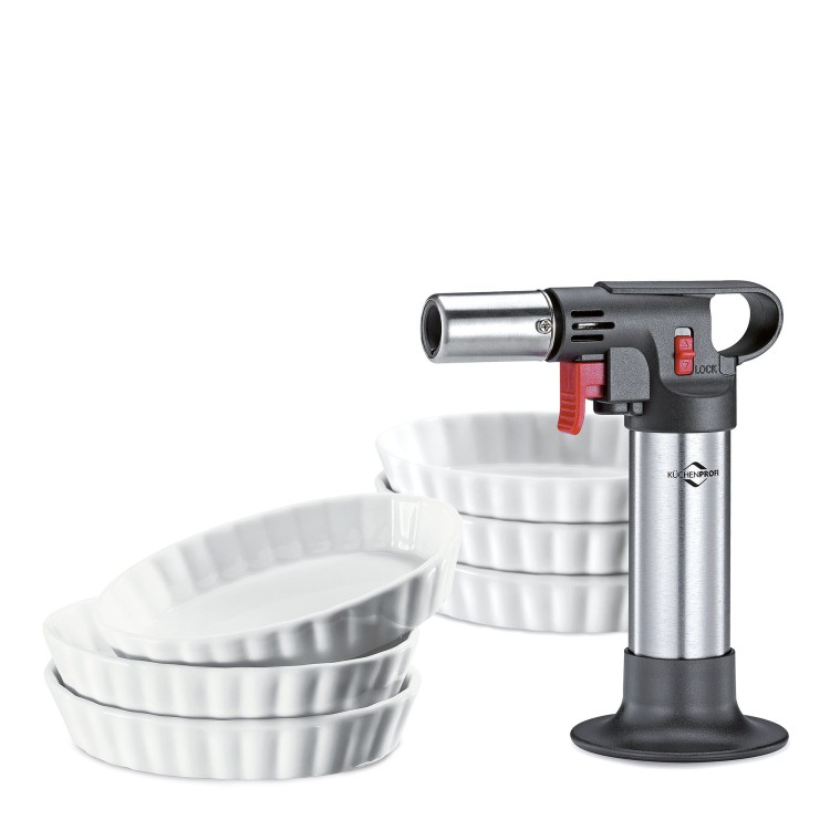 Zestaw do creme brulee, 7 el., palnik + 6 porcelanowych miseczek