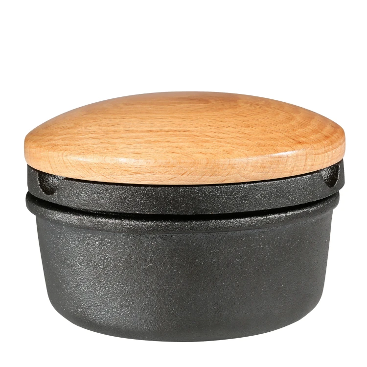 Żeliwny moździerz z bukową pokrywą, śred. 11 x 7 cm, 1,5 kg