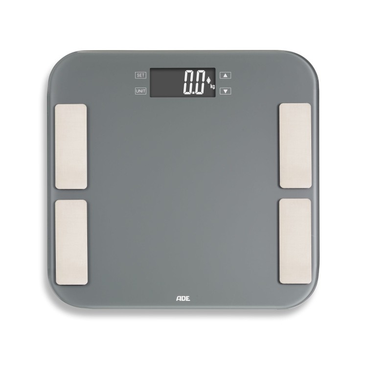 Waga łazienkowa z analizą masy ciała, do 180 kg, 33 x 33 cm, szara