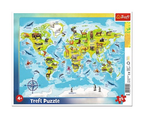 Puzzle 25ramkowe Mapa świata ze zwierzętami