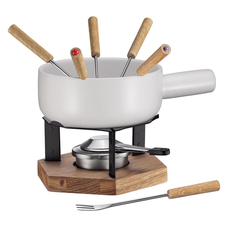 zestaw do fondue, dla 6 os., 8 el., ceramika/metal/drewno dębowe, 1,8 l, śred. 20 cm, biały