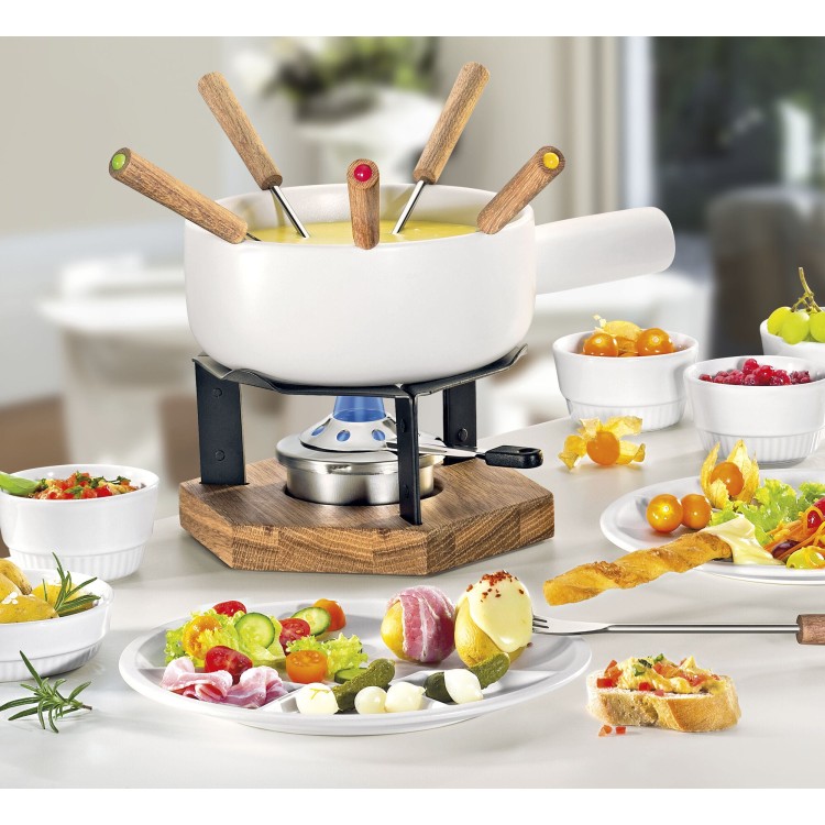 zestaw do fondue, dla 6 os., 8 el., ceramika/metal/drewno dębowe, 1,8 l, śred. 20 cm, biały