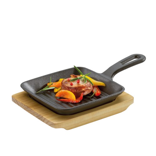 Mini patelnia grillowa do serwowania z podstawką, 23 x 13,5 x 5,5 cm, żeliwo/drewno sosnowe