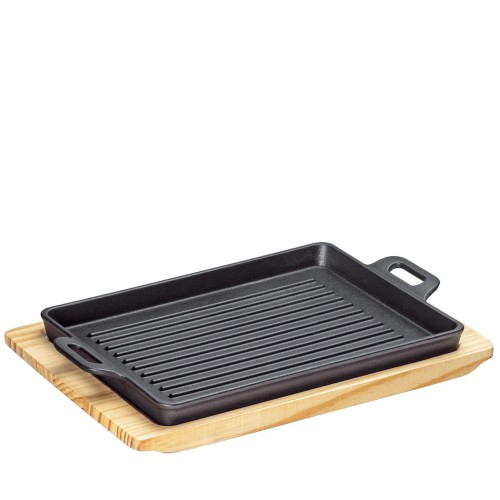 Patelnia grillowa na podstawce, 32 x 22 x 3,5 cm, żeliwo/drewno sosnowe