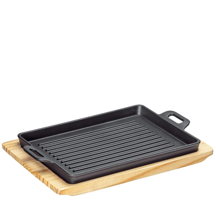 Patelnia grillowa na podstawce, 32 x 22 x 3,5 cm, żeliwo/drewno sosnowe