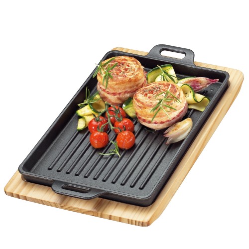Patelnia grillowa na podstawce, 32 x 22 x 3,5 cm, żeliwo/drewno sosnowe