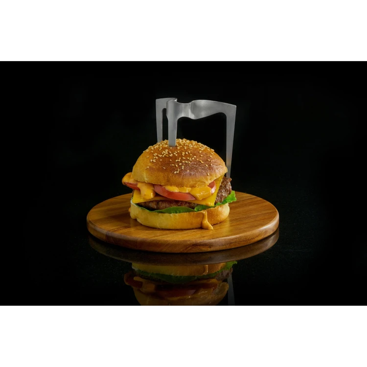 deska i szpikulec do podawania hamburgerów, stal nierdzewna/drewno akacji, śred. 20 x 13,5 cm