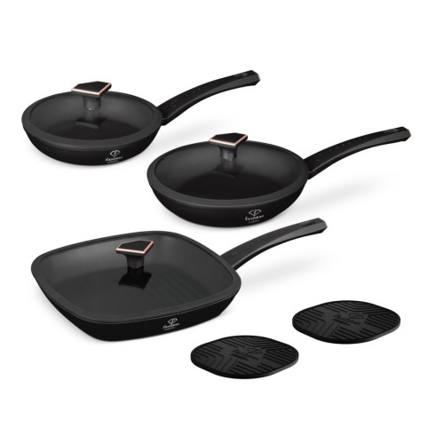 Zestaw 3 patelni z pokrywkami + podkładka Fashion TV FTV-0050 Matte Black- Rose Gold