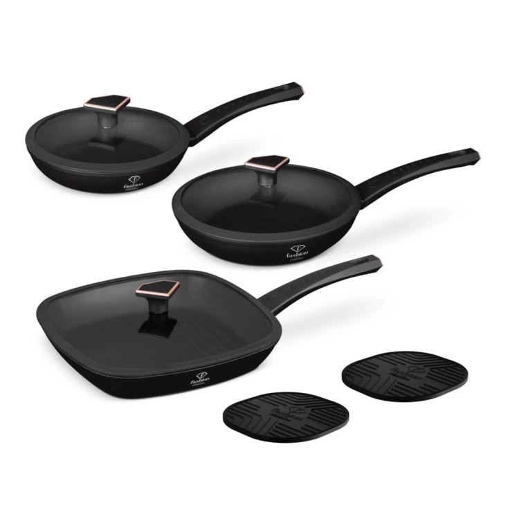 Zestaw 3 patelni z pokrywkami + podkładka Fashion TV FTV-0050 Matte Black- Rose Gold