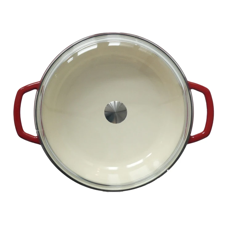 Żeliwna patelnia do serwowania ze szklaną pokrywą, czerwona, śred. 28 cm, 3,8 l