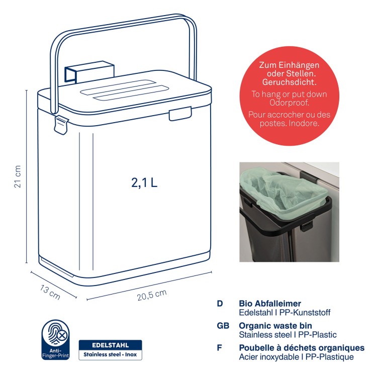 Kosz na odpady organiczne, stal nierdzewna/tworzywo sztuczne, 2,1 l, 20,5 x 13 x 21 cm
