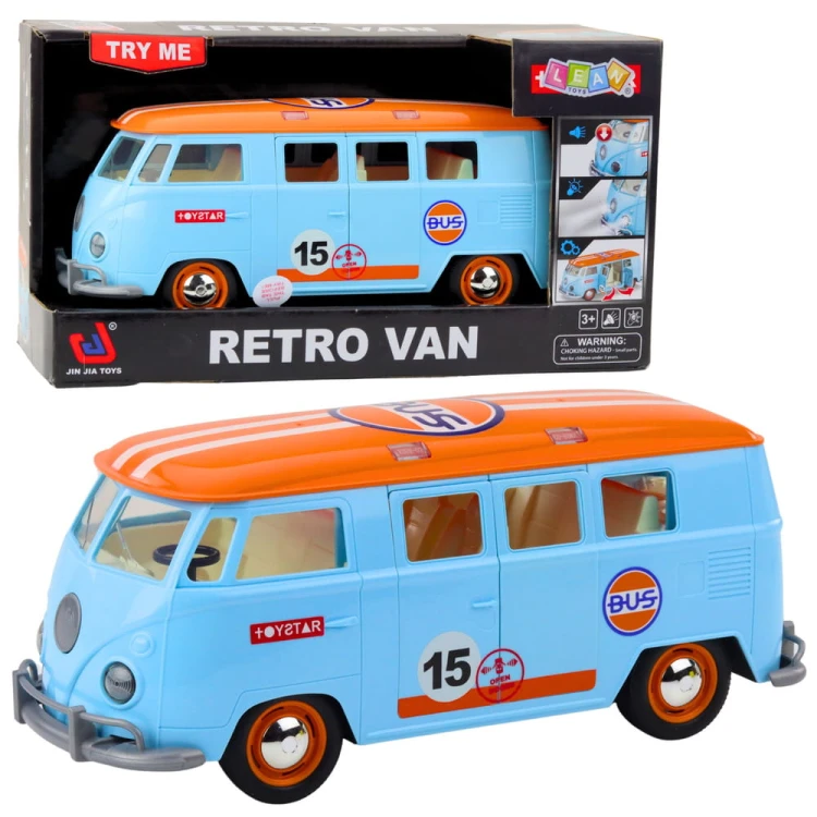 Samochód Retro Van Bus Światła Dźwięki Otwierane Drzwi Niebieski