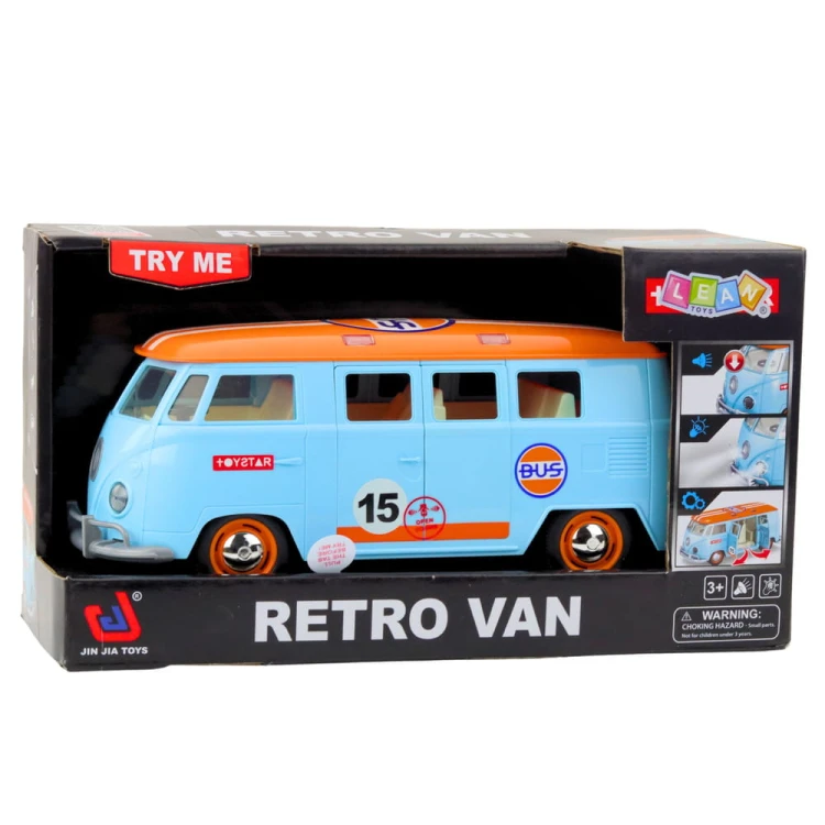 Samochód Retro Van Bus Światła Dźwięki Otwierane Drzwi Niebieski