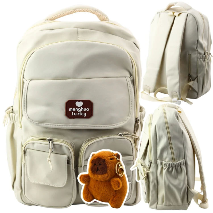 Plecak Miejski Szkolny Kapibara Brelok Przypinki Beżowy Kremowy 25L 42cm